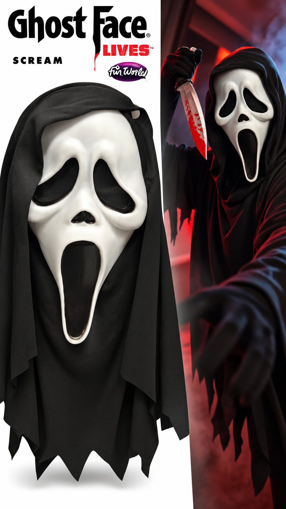 Masque Ghost Face classique officiel sous licence Fun World avec cagoule noire, taille unique adulte