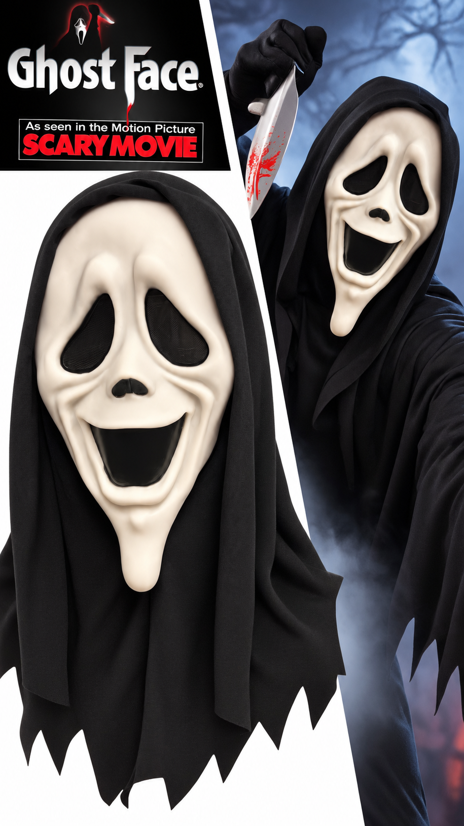 Masque Ghost Face Smiley Scary Movie officiel avec cagoule noire adulte