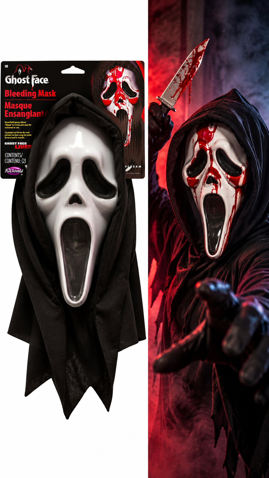 Masque Ghost Face ensanglanté officiel sous licence Scream avec cagoule noire et pompe à sang manuelle.