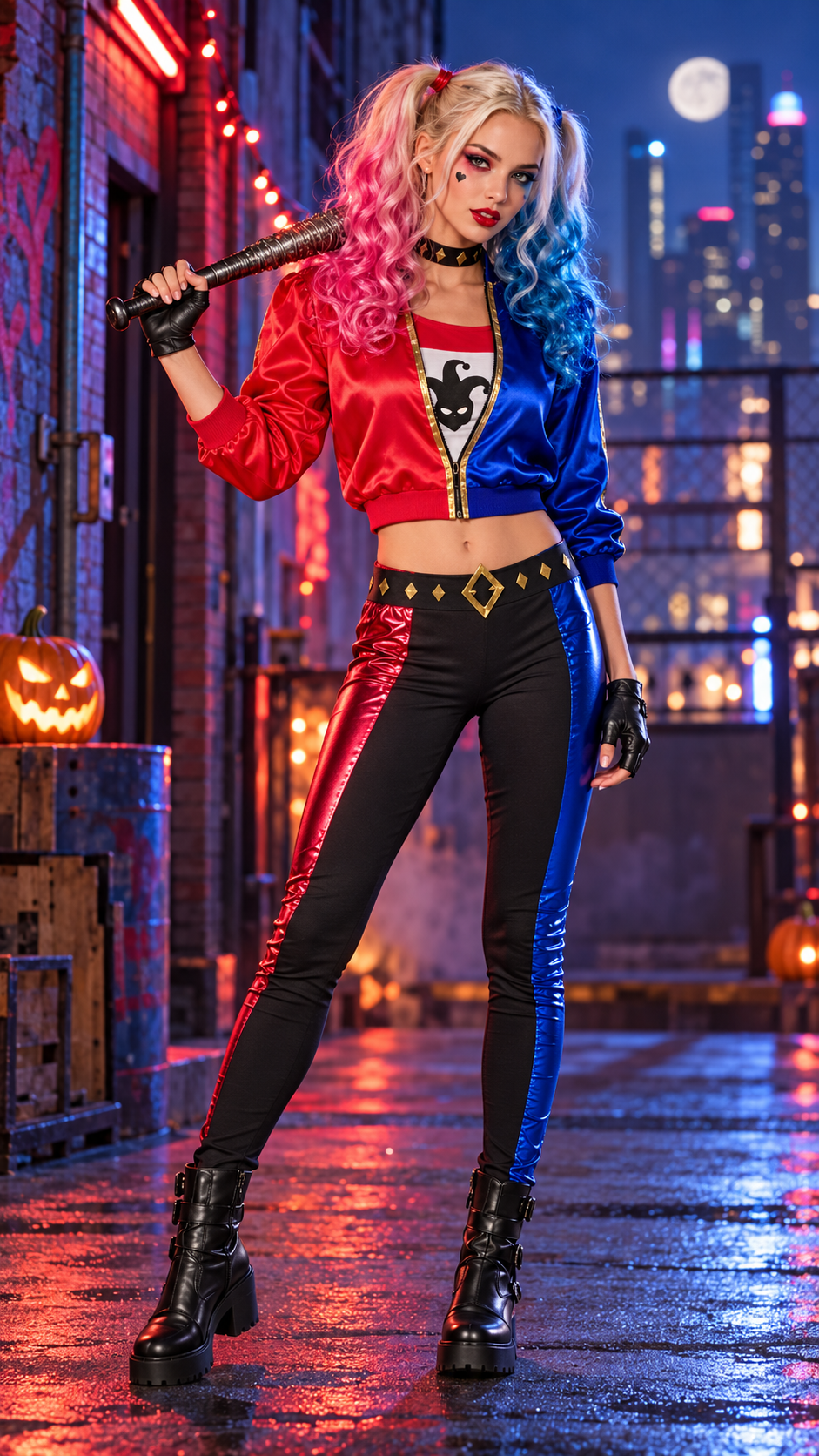 Déguisement femme façon Harley Quinn avec blouson satin rouge et bleu, tee-shirt, legging et ceinture assortie.
