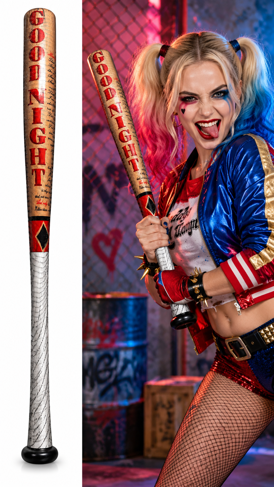Batte de baseball Harley Quinn Good Night en plastique 70 cm, imitation bois avec inscriptions rouges, accessoire déguisement Halloween.