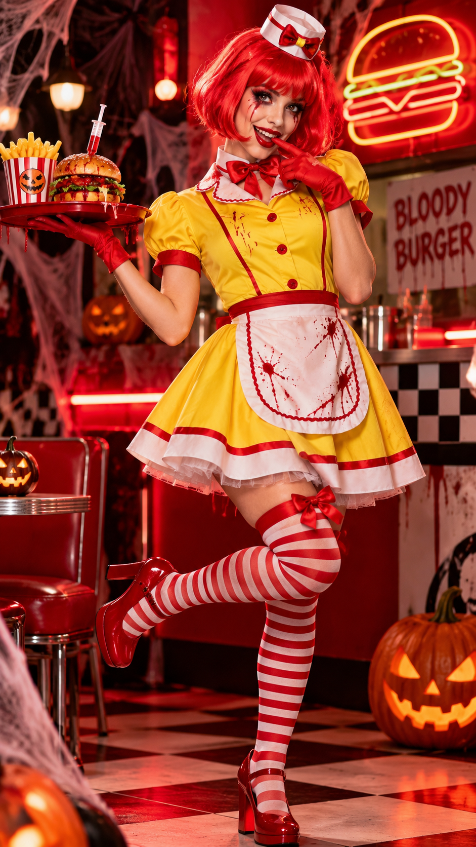 Déguisement de serveuse fast-food Halloween jaune et rouge avec robe en jersey, tablier blanc et mini chapeau.
