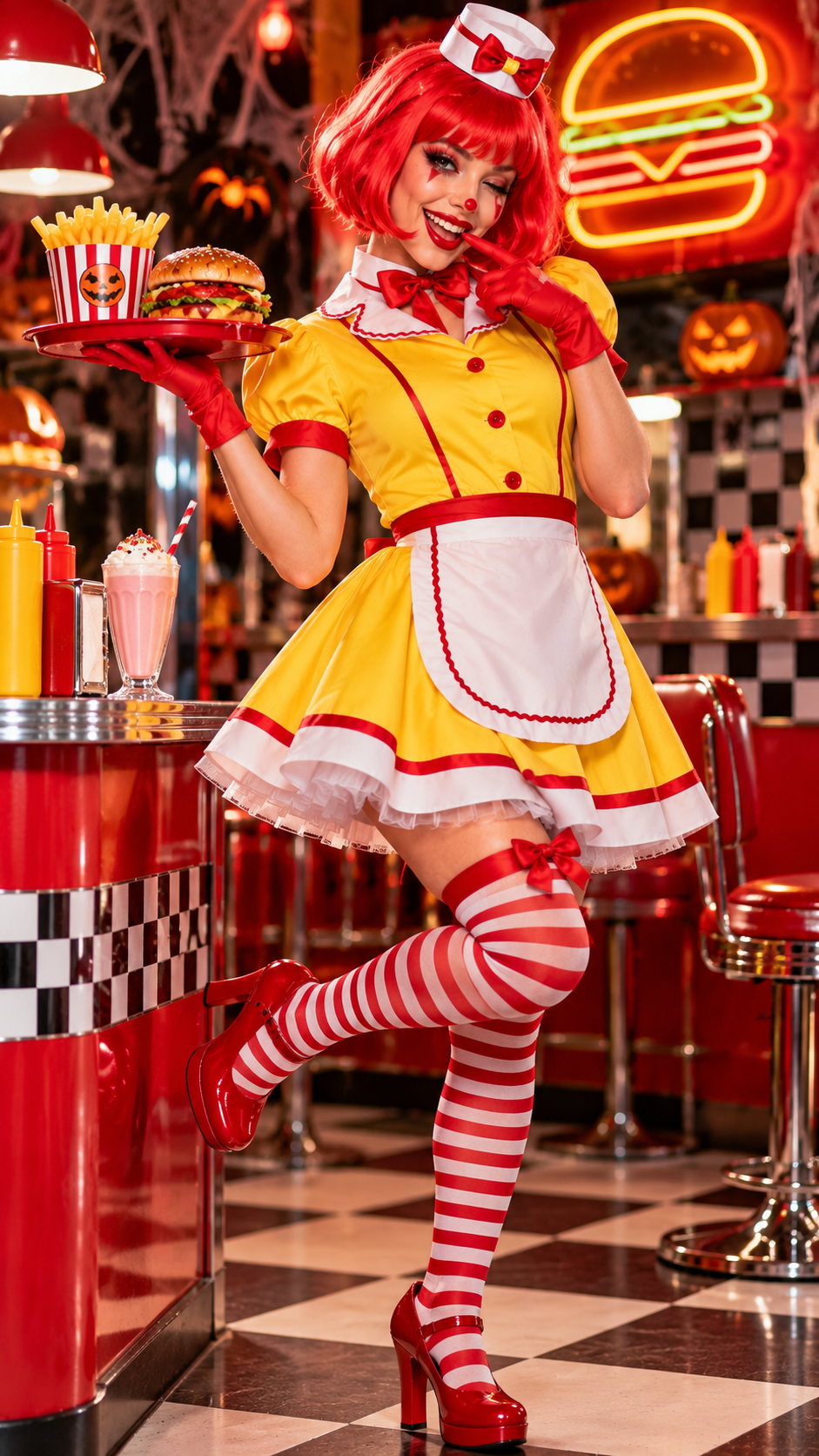 Déguisement de serveuse fast-food Halloween jaune et rouge avec robe en jersey, tablier blanc et mini chapeau.1