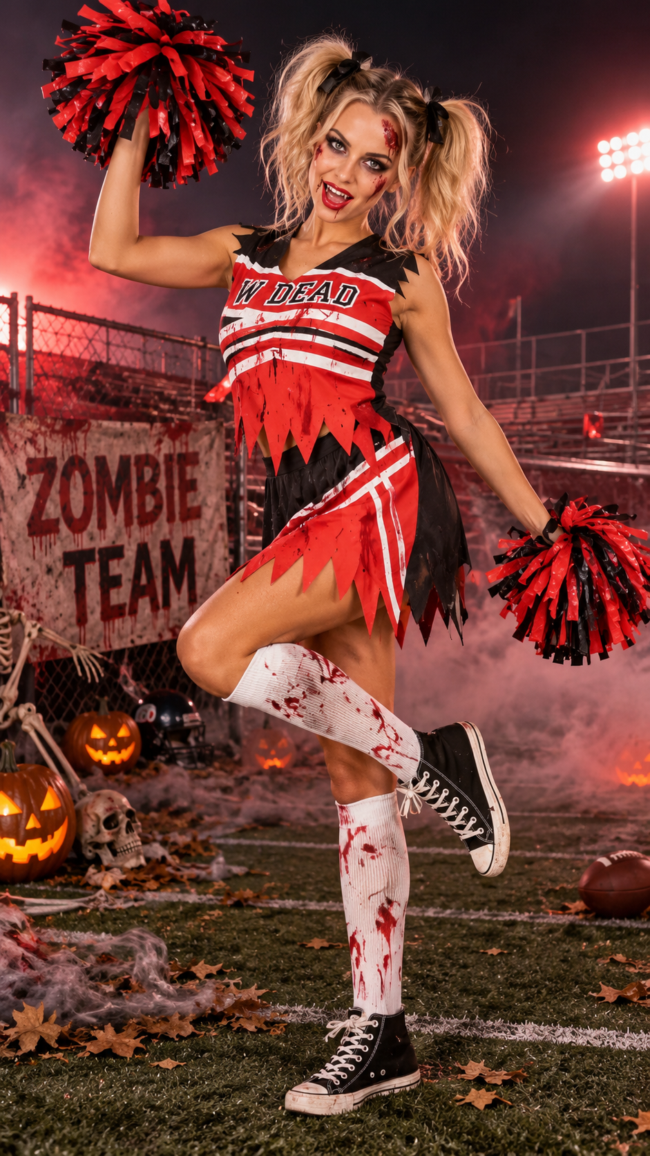 Déguisement pom-pom girl zombie femme avec uniforme rouge et noir déchiré et pompons Halloween