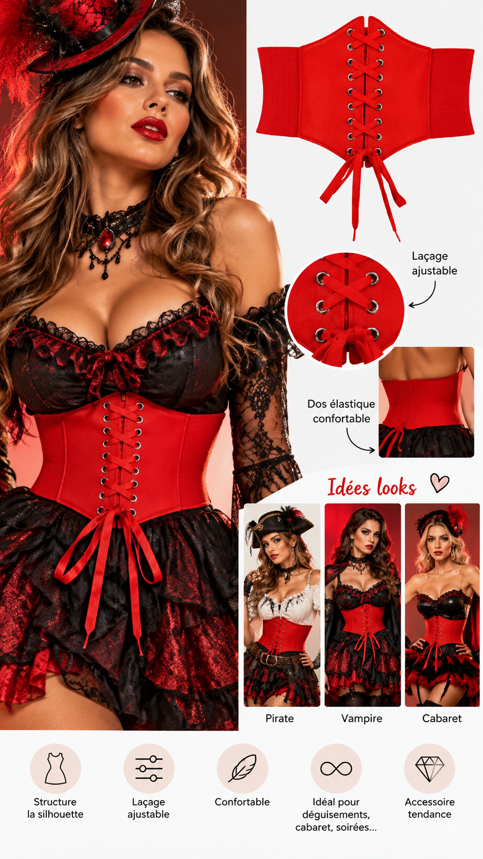 Ceinture Corset Rouge Femme à Laçage Halloween &amp; Cabaret