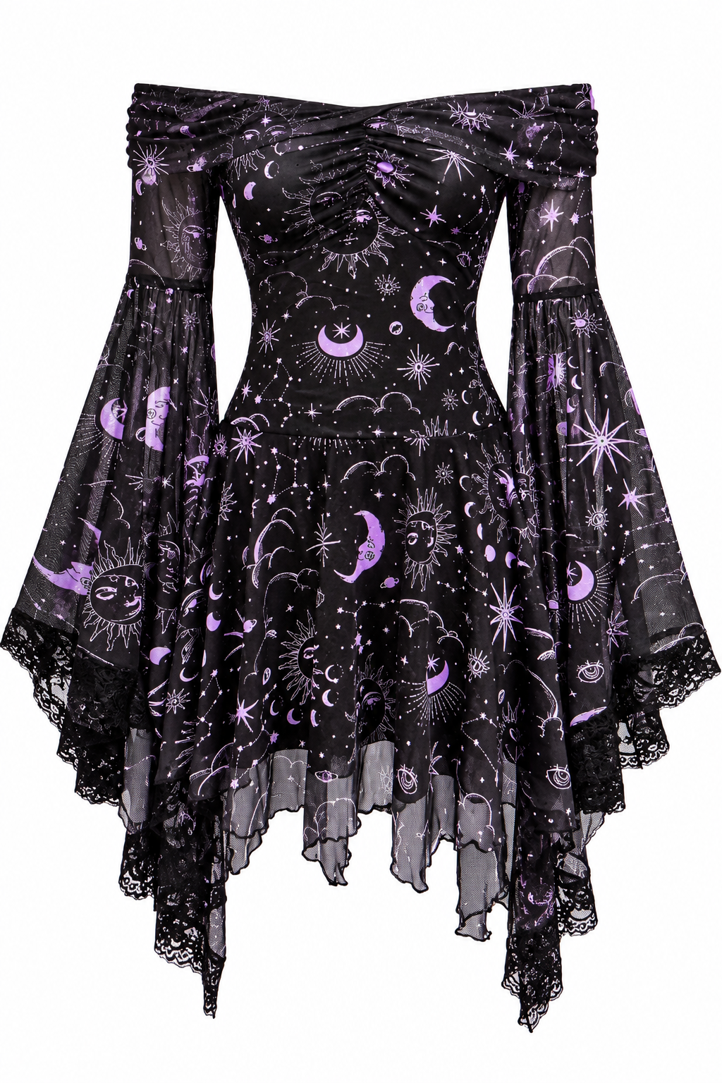 Robe sorcière céleste noire en résille et lycra, motifs lunes et étoiles violets. Taille unique. Idéale Halloween, magicienne, déesse lunaire et festival.1