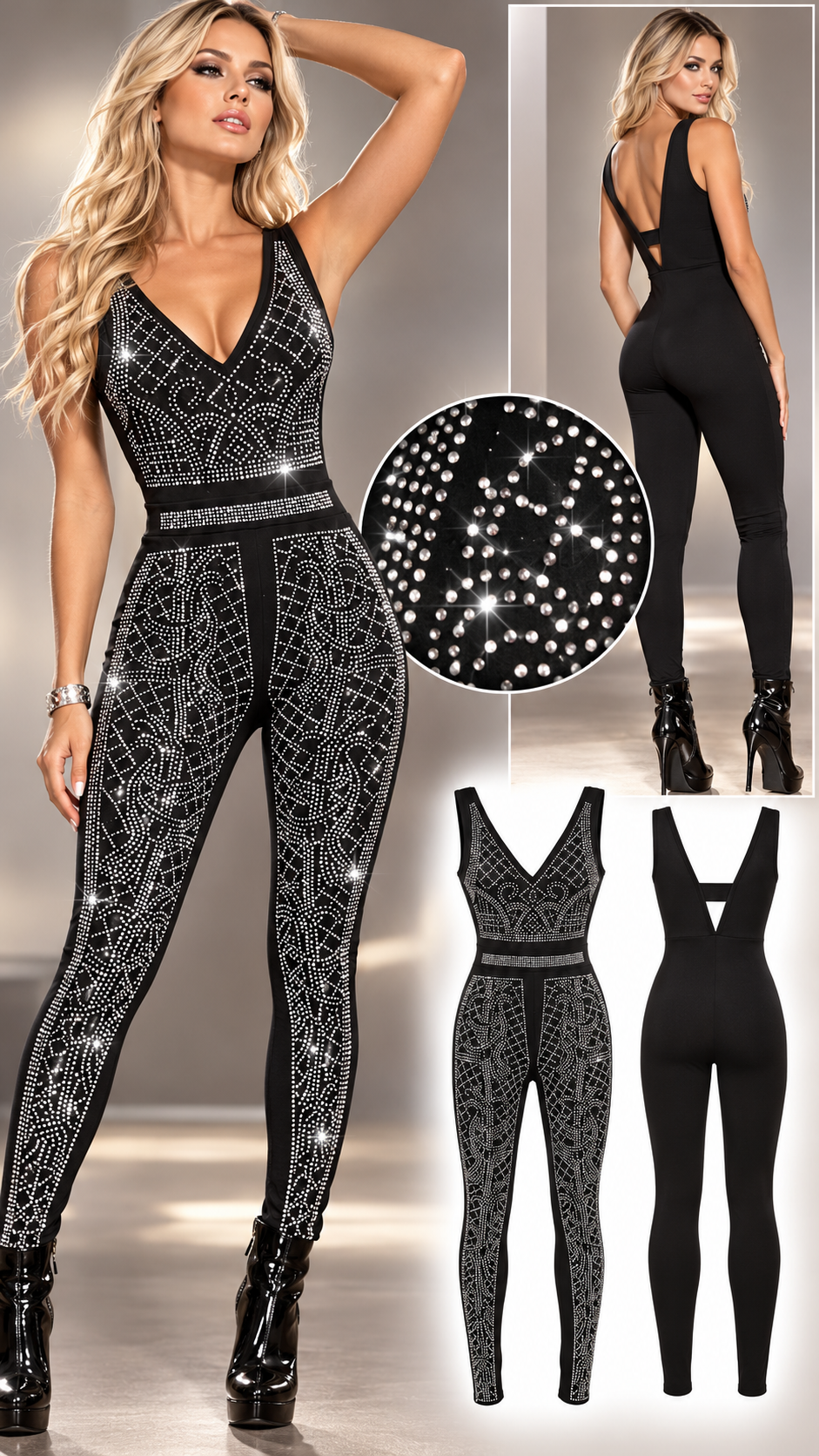 Combinaison femme noire en lycra avec strass argentés sur le devant, décolleté V et jambes longues, style disco et cabaret
