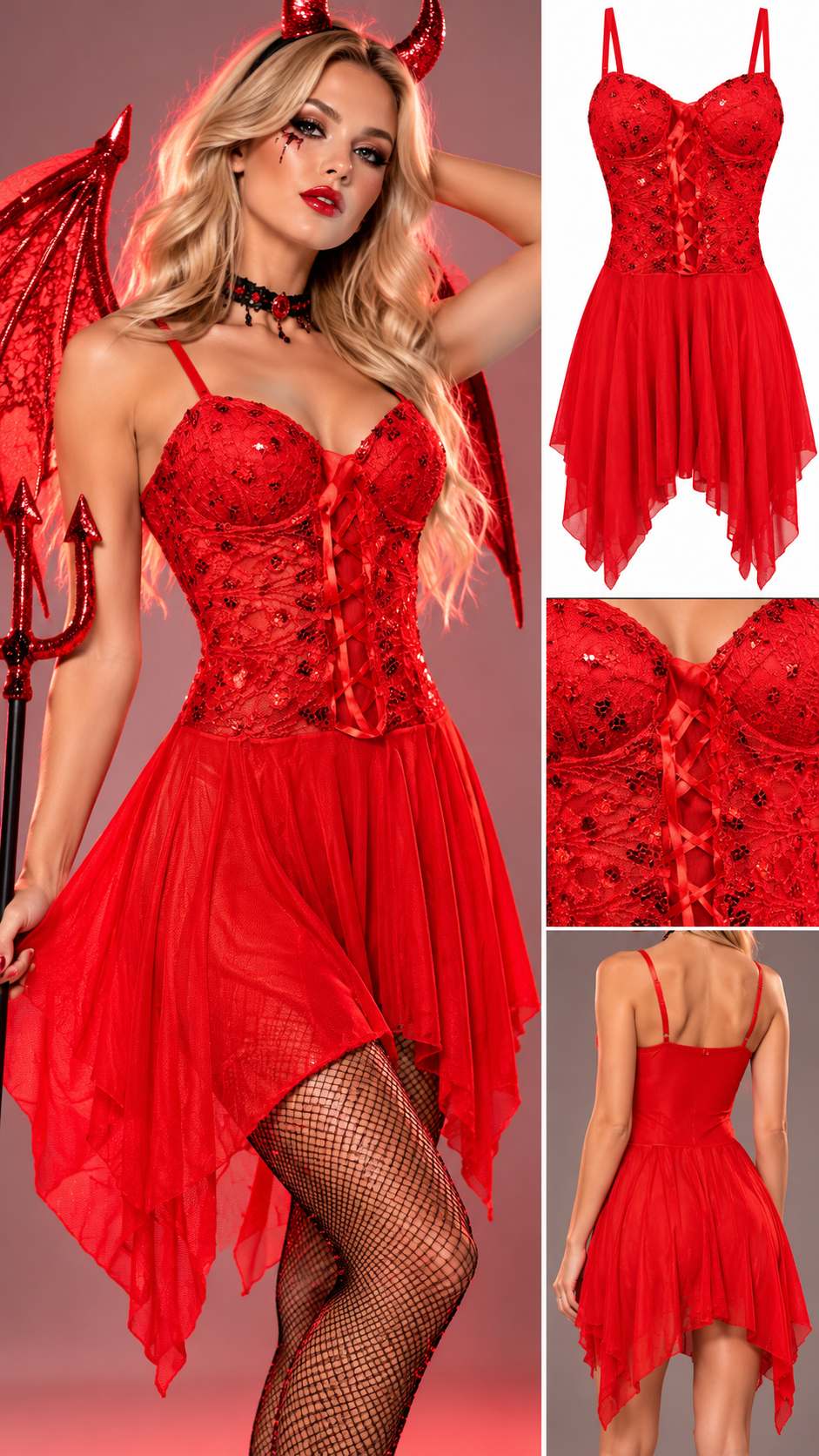 Robe bustier rouge en dentelle pailletée avec laçage devant et jupe asymétrique en résille Lycra.