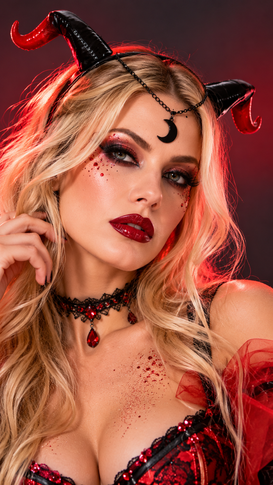 Jeune femme blonde portant un serre-tête à cornes bicolores rouge et noir avec chaînettes métalliques et pendentif demi-lune noir, maquillage Halloween à strass et paillettes.