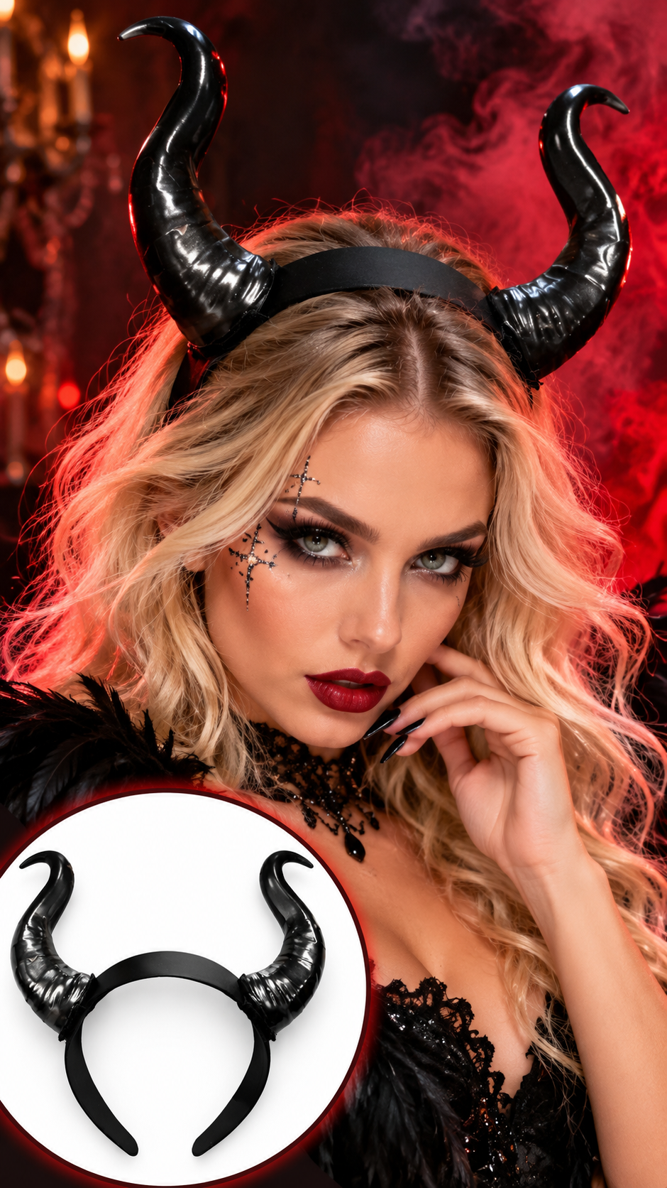 Femme blonde portant un serre-tête à cornes noires avec maquillage gothique pour Halloween.