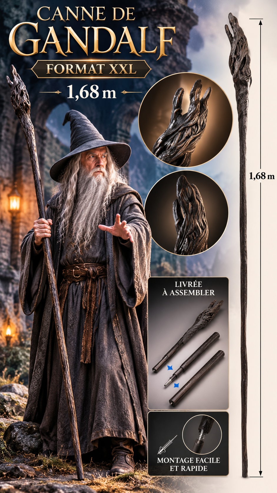 Canne de Gandalf XXL 168 cm en plastique dur, imitation bois sculpté avec extrémité réaliste, livrée en trois parties à assembler.