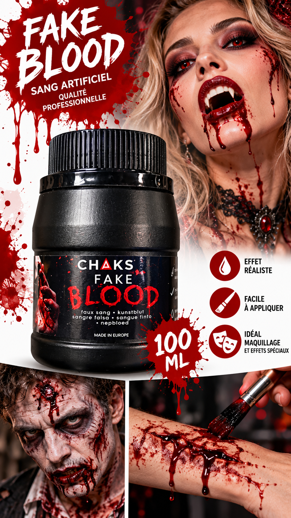 Pot de sang artificiel CHAKS 100 ml semi-liquide qualité théâtre pour maquillage Halloween et effets spéciaux professionnels.