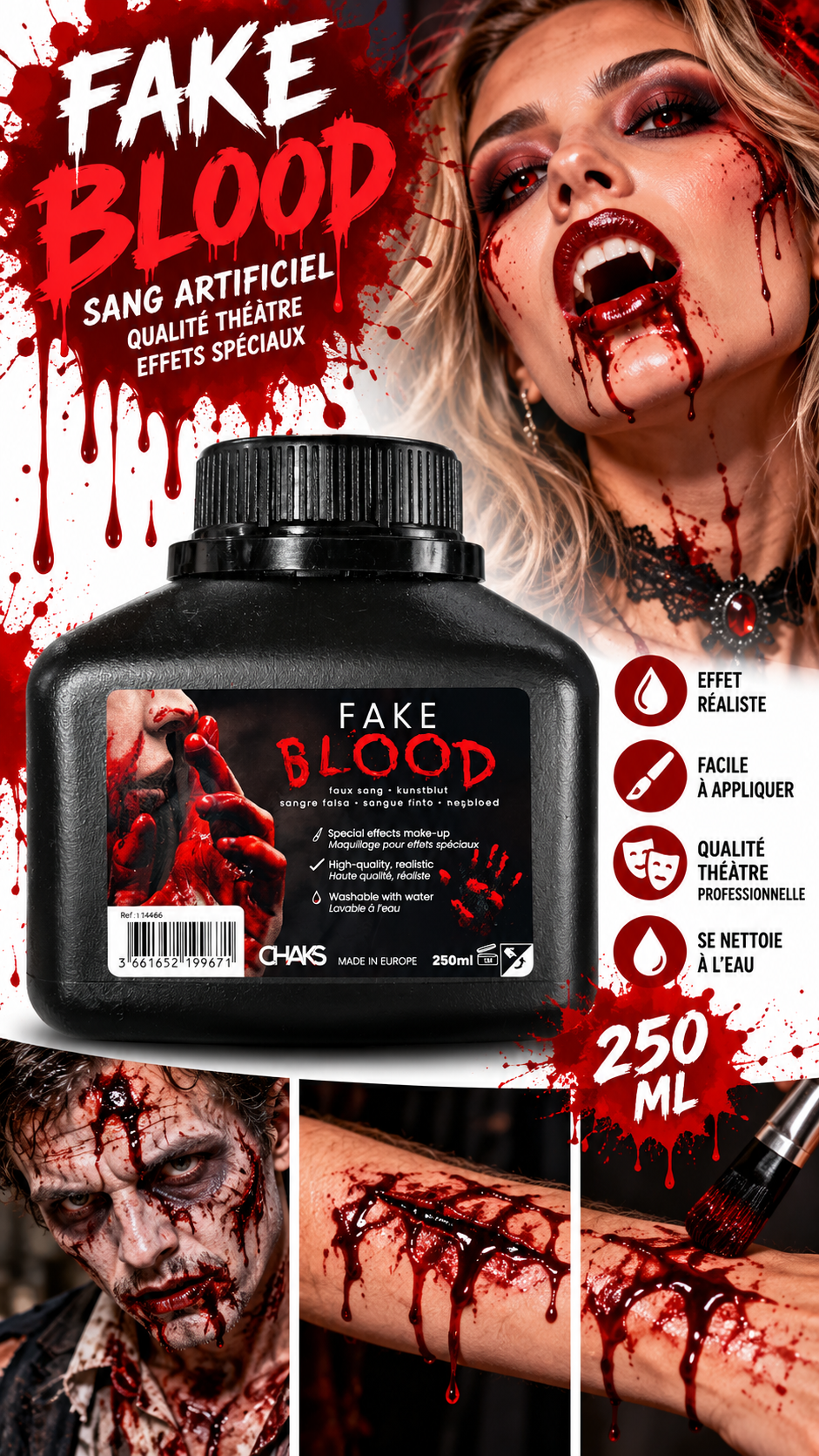 Pot de sang artificiel CHAKS 250 ml semi-liquide qualité théâtre pour maquillage Halloween et effets spéciaux professionnels.