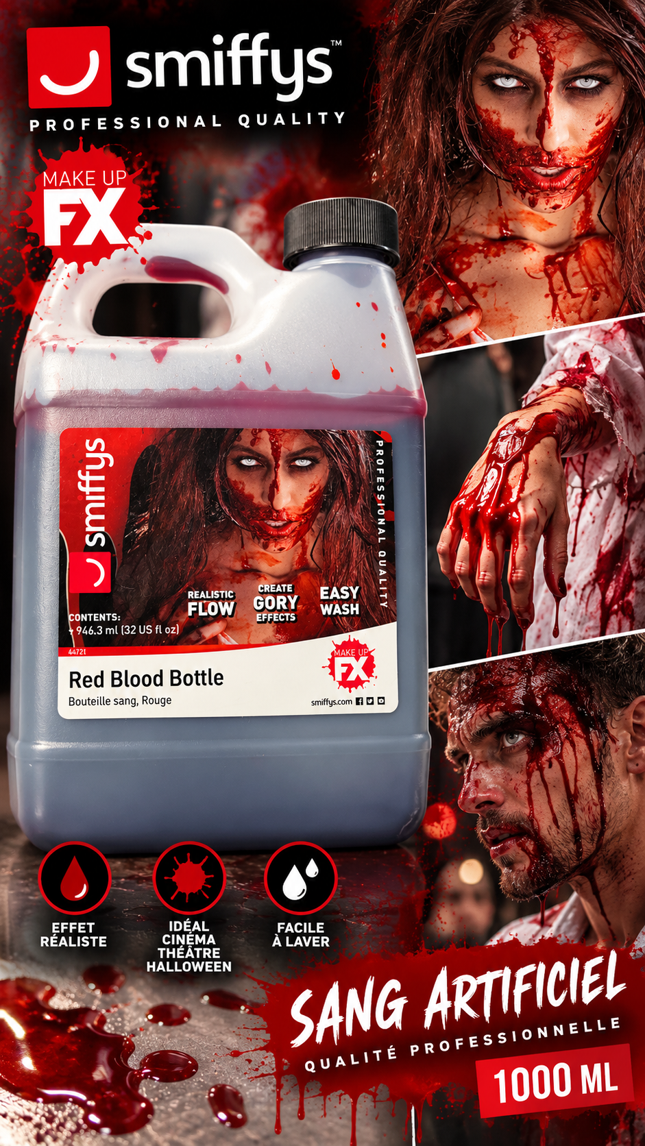 Bidon de sang artificiel rouge Smiffys Make Up FX 946 ml qualité professionnelle pour Halloween cinéma théâtre et effets spéciaux