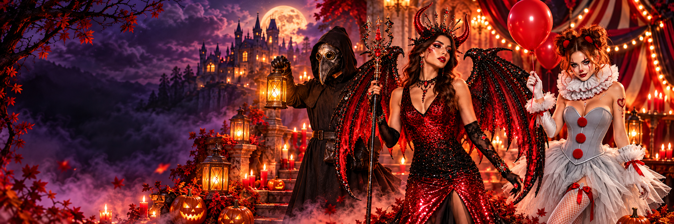 Scène de carnaval gothique avec des personnages costumés pour Halloween