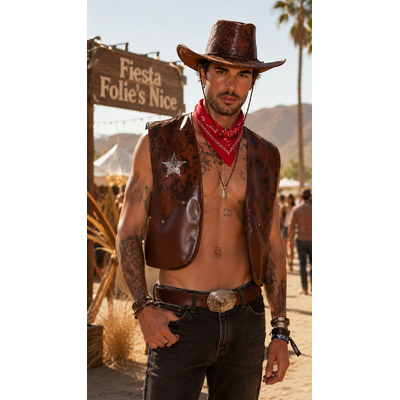 gilet simili cuir marron western cowboy