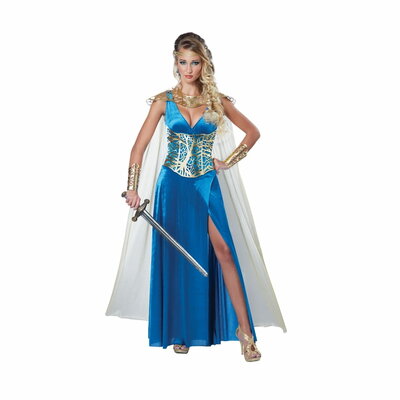 Déguisement guerrière mythologique femme robe velours bleu corset et cape or