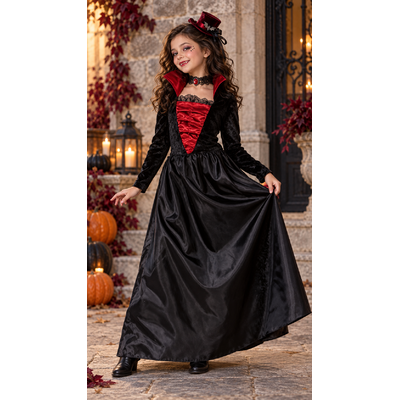 Déguisement de vampire fille en velours et satin avec col attenant