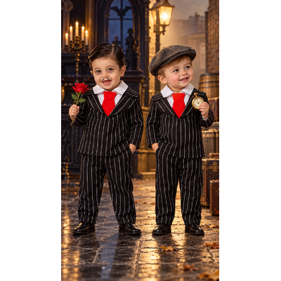 Déguisement enfant costume noir rayé et cravate rouge  Halloween