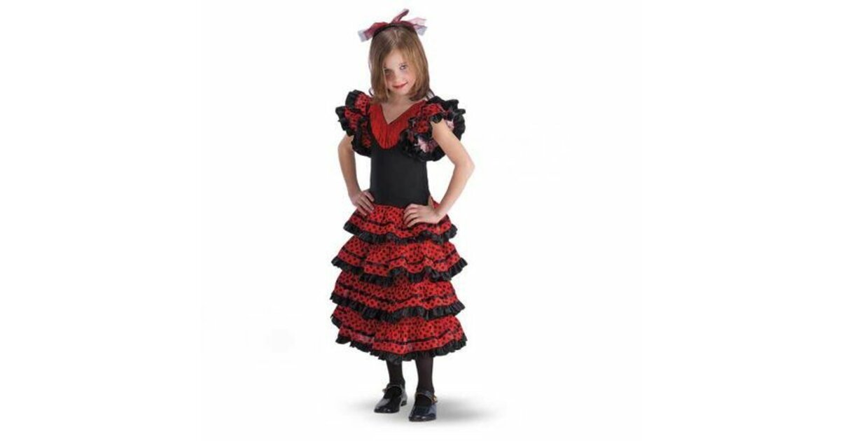 Robe Flamenco Rouge/noir Pour Fille – La Senorita, Longueur 75 Cm, Taille 104-110, Stretch