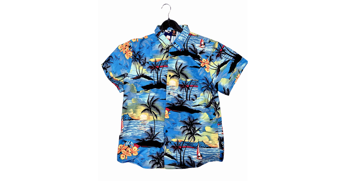 Chemise En Soie Bleue CARRIBEAN JOE Pour Homme Imprimé Palmier Style
