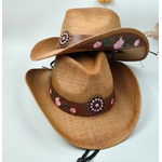 chapeau western paille brode rose