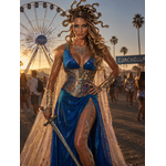 Déguisement guerrière mythologique femme robe velours bleu corset et cape or