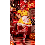Déguisement de serveuse fast-food Halloween jaune et rouge avec robe en jersey, tablier blanc et mini chapeau.