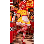 Déguisement de serveuse fast-food Halloween jaune et rouge avec robe en jersey, tablier blanc et mini chapeau.1