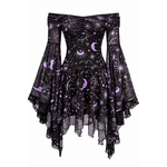 Robe sorcière céleste noire en résille et lycra, motifs lunes et étoiles violets. Taille unique. Idéale Halloween, magicienne, déesse lunaire et festival.1
