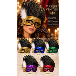Masque vénitien à paillettes avec grandes plumes noires de 20 cm, plume blanche et ornements dorés, disponible en cinq coloris.1