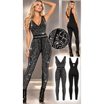 Combinaison femme noire en lycra avec strass argentés sur le devant, décolleté V et jambes longues, style disco et cabaret