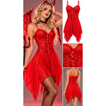 Robe bustier rouge en dentelle pailletée avec laçage devant et jupe asymétrique en résille Lycra.