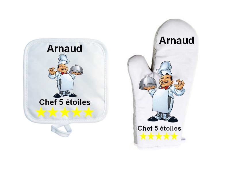 Gant de cuisine avec sa manique personnalisés, Prénom au choix, Cuisinier