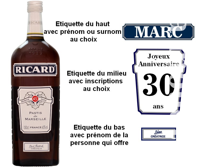 Étiquettes Ricard personnalisées pour bouteille, Inscriptions au