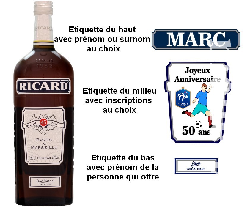 Étiquettes Ricard personnalisées pour bouteille, Inscriptions au