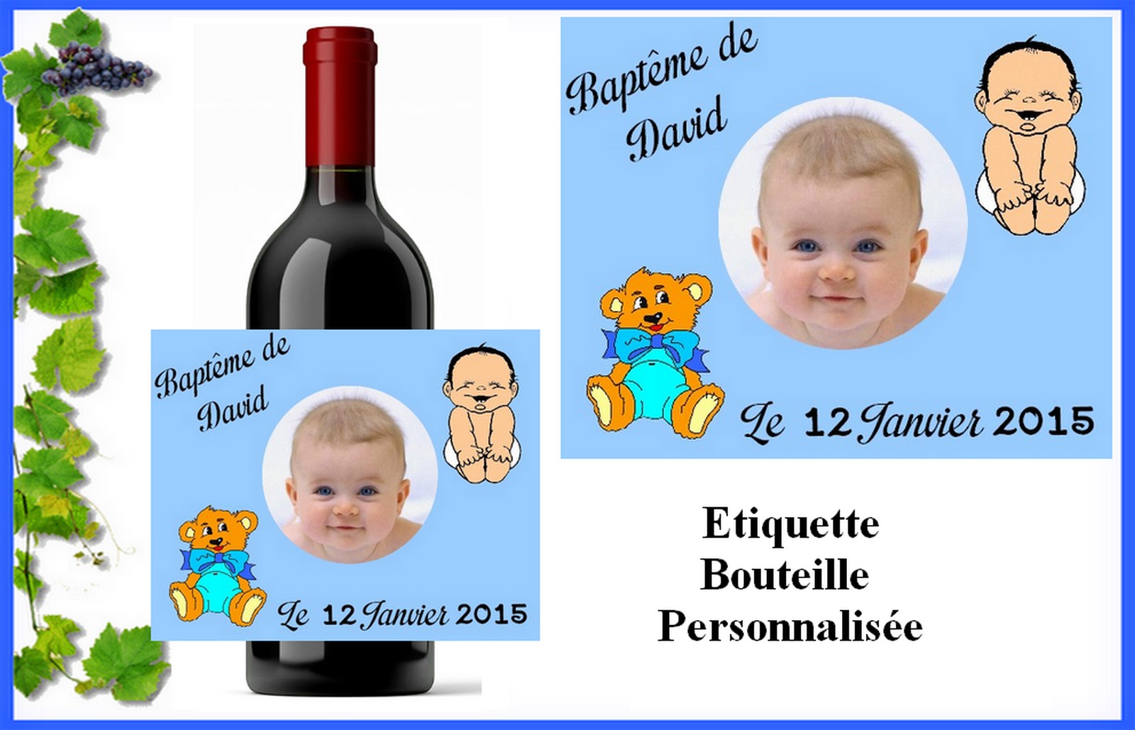 Cadeau baptême  Bouteille personnalisée pour annonce baptême garçon