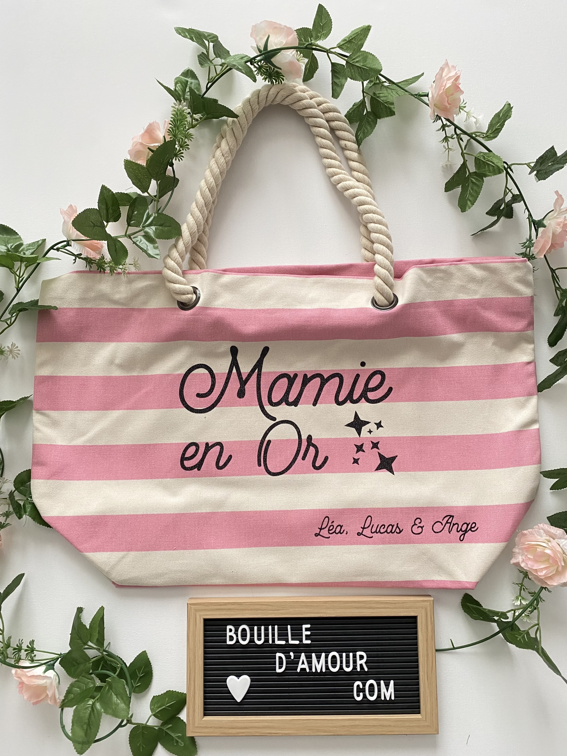 Sac de plage rose mamie en or