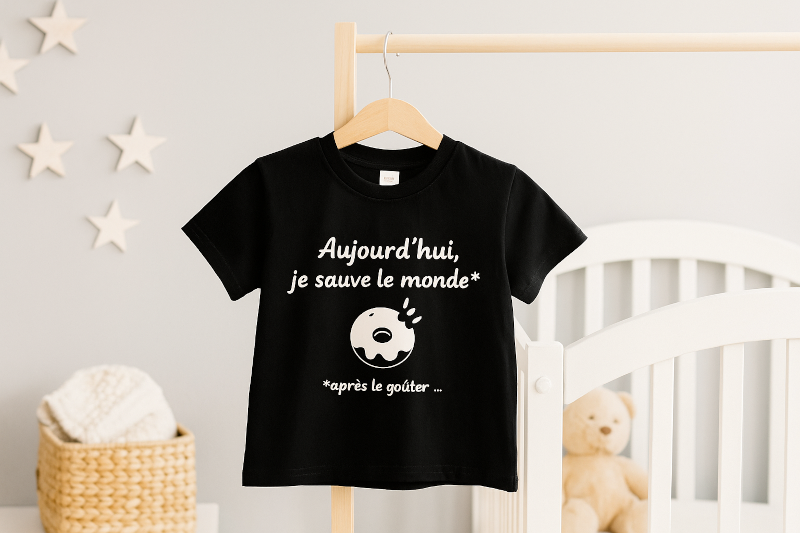 T-shirt personnalisable bébé aujourdhui je sauve le monde après le goûter
