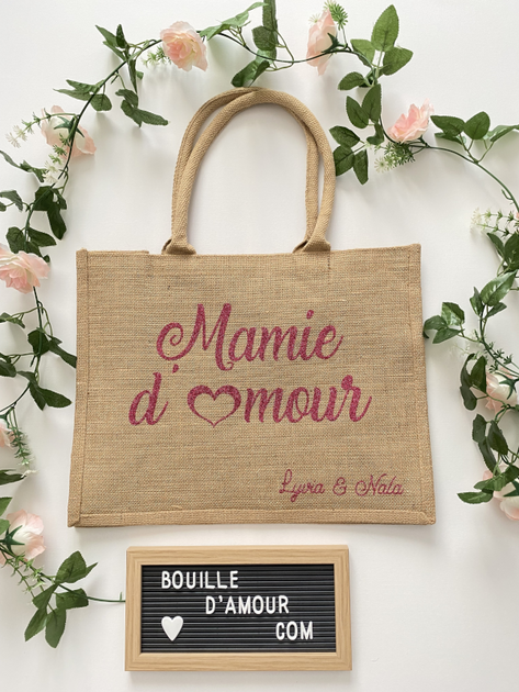 Sac Cabas Mamie D'Amour – Toile De Jute & Coton – Idée Cadeau Touchante Pour Femme, Mamie, Courses Ou Plage