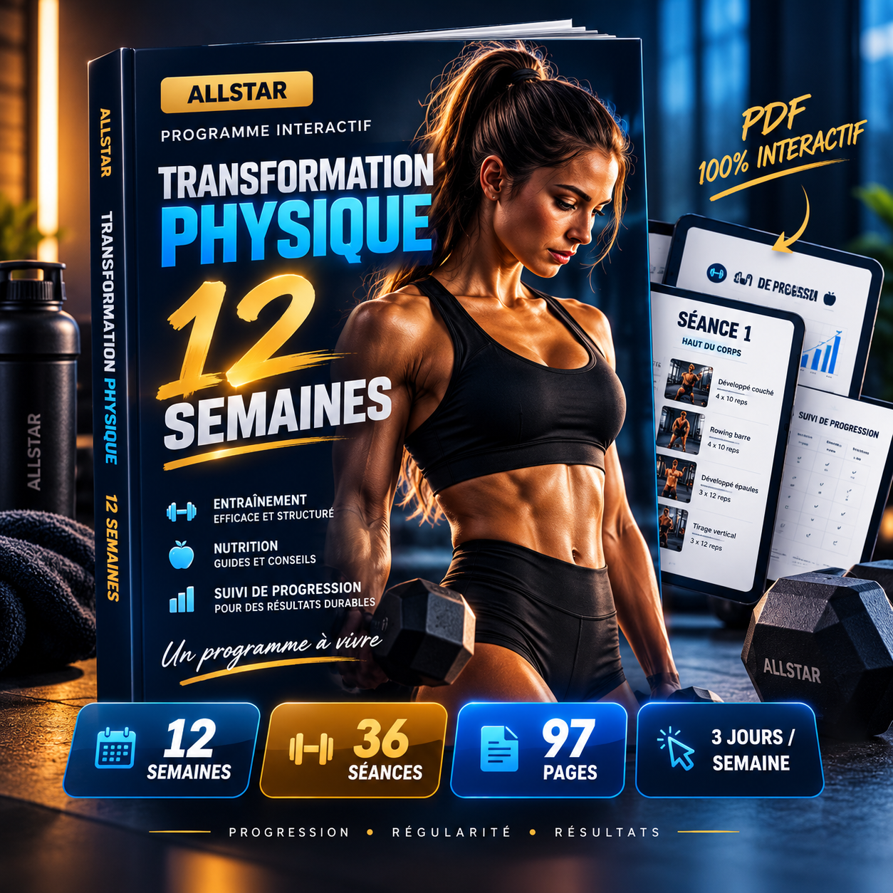 Programme Transformation Physique AllStar 12 semaines : 97 pages interactives et 36 séances de musculation