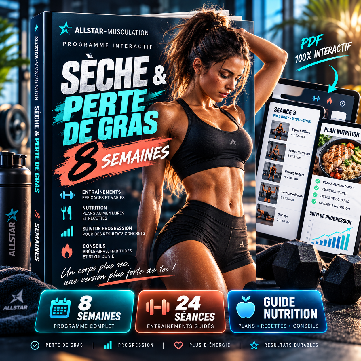 Couverture du programme interactif AllStar Sèche et Perte de Gras 8 semaines, athlète et guide nutrition