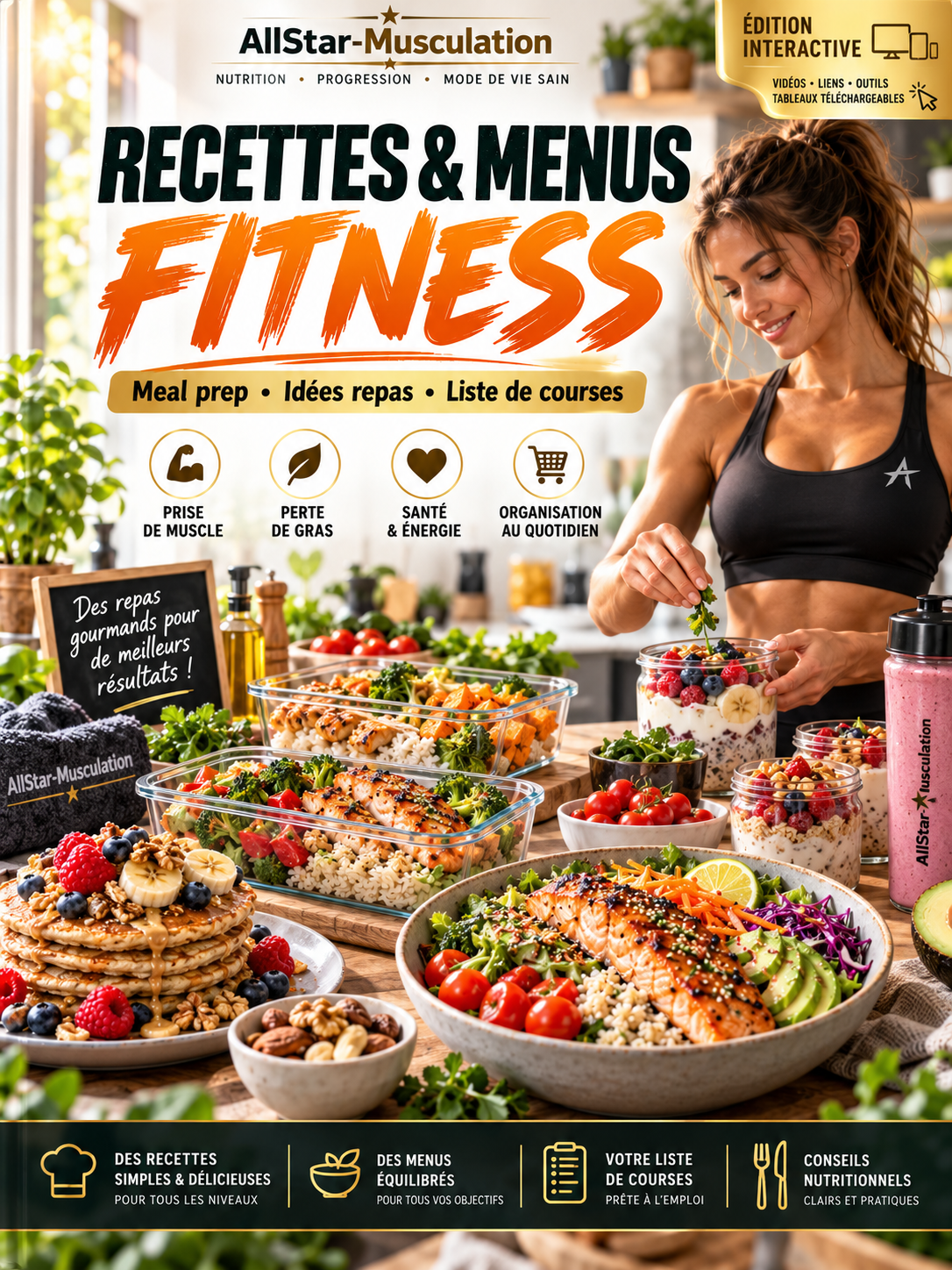 Couverture réaliste du livre de recettes et menus fitness AllStar, plats équilibrés et meal prep