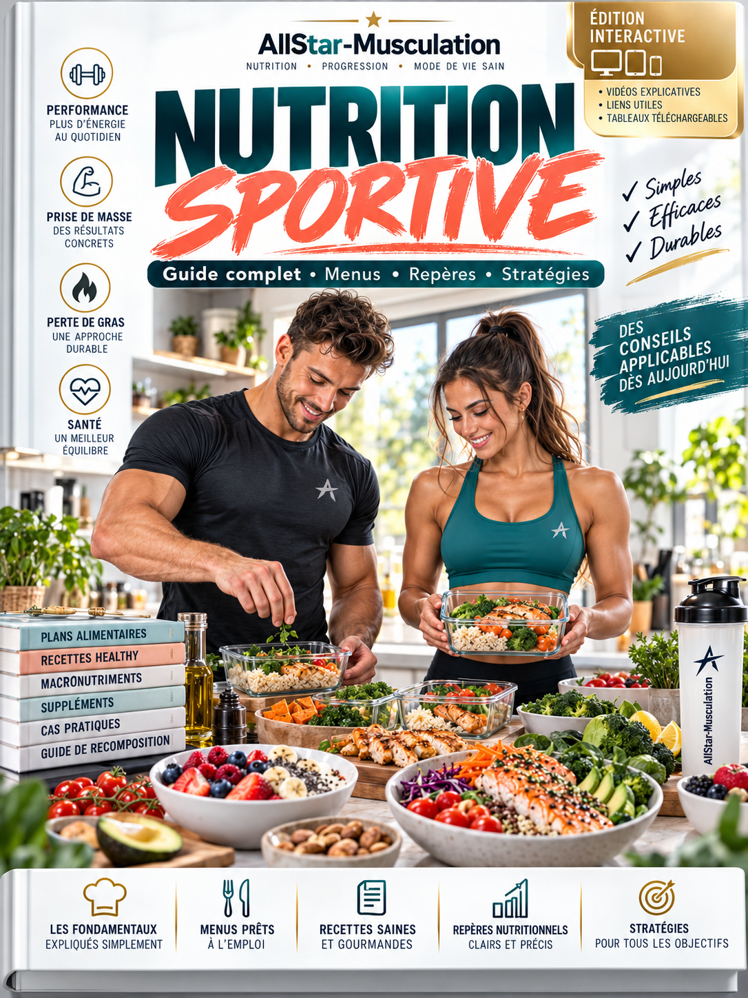 Couverture réaliste du Guide Nutrition Sportive AllStar, sportifs préparant leurs repas équilibrés