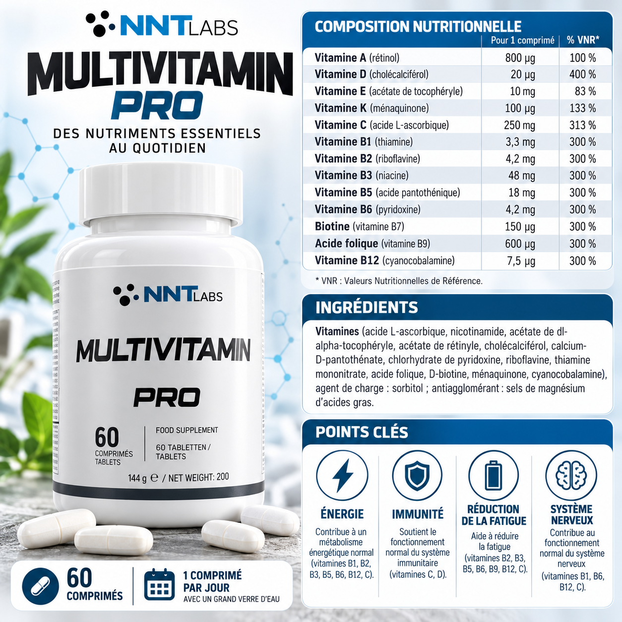 NNT Multivitamin Pro 60 comprimés ingredients