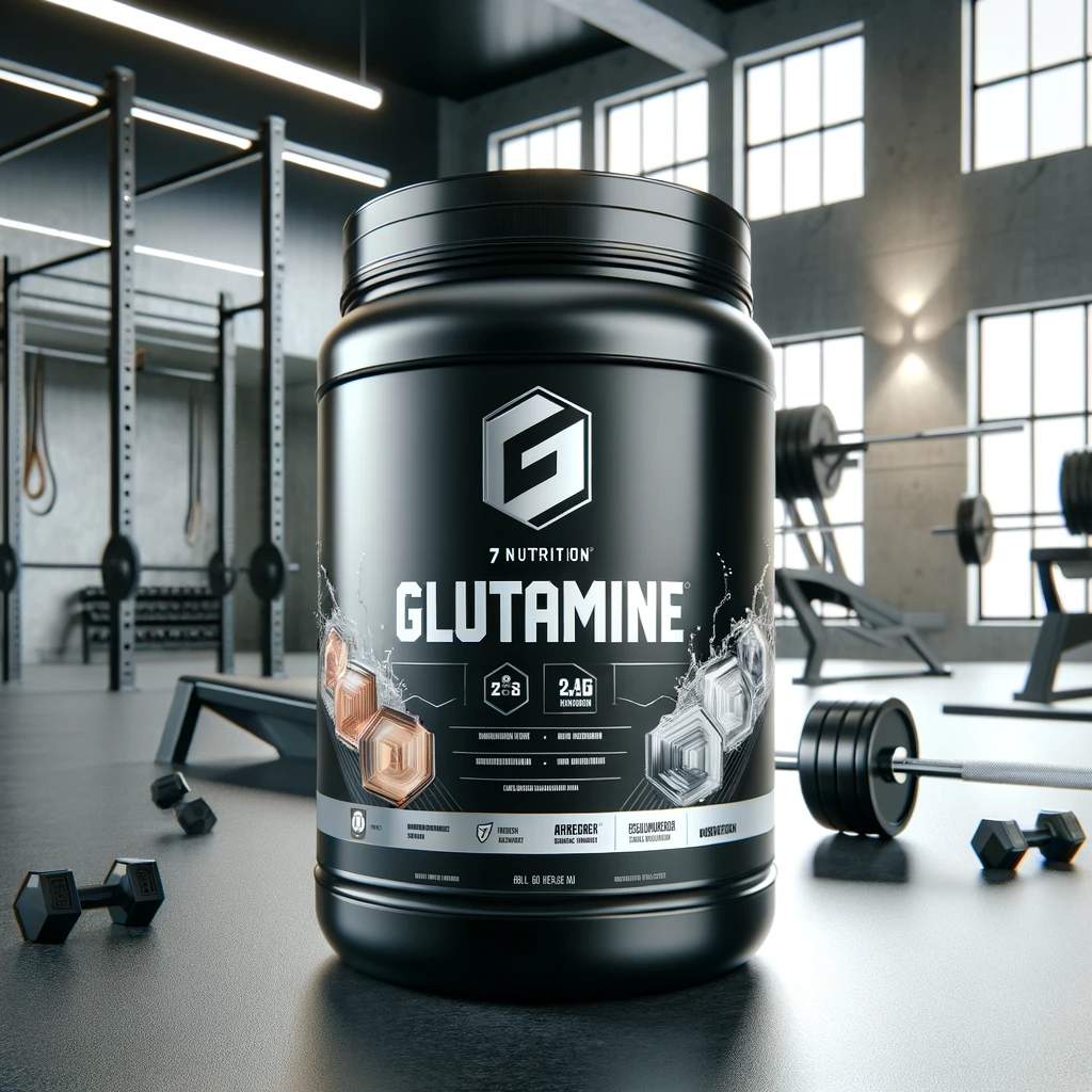 DALL·E 2023-12-16 14.03.50 - Create an image of a modern, high-quality glutamine supplement container for the brand 7Nutrition. The container should have a sleek, professional d
