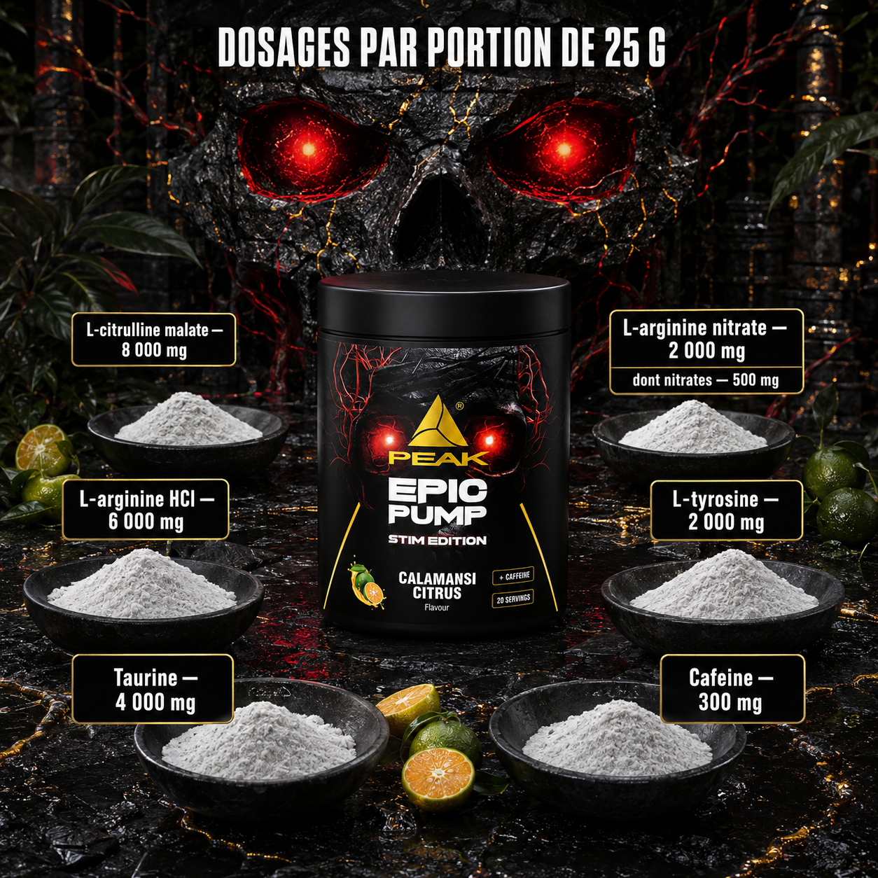 Dosages des ingrédients de Peak Epic Pump Stim Edition 500 g par portion de 25 g
