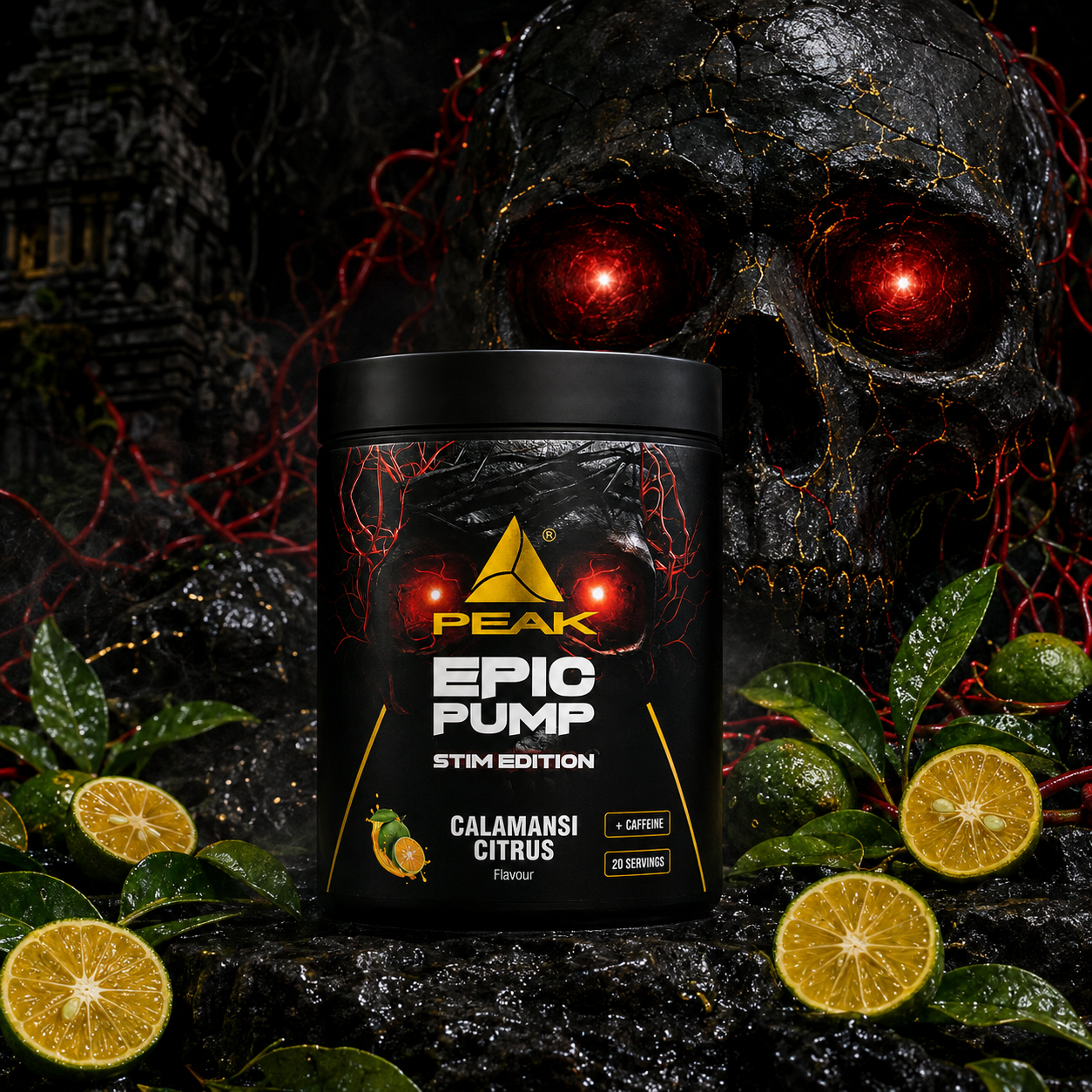 Peak Epic Pump Stim Edition 500 g Calamansi Citrus avec skull aux yeux rouges