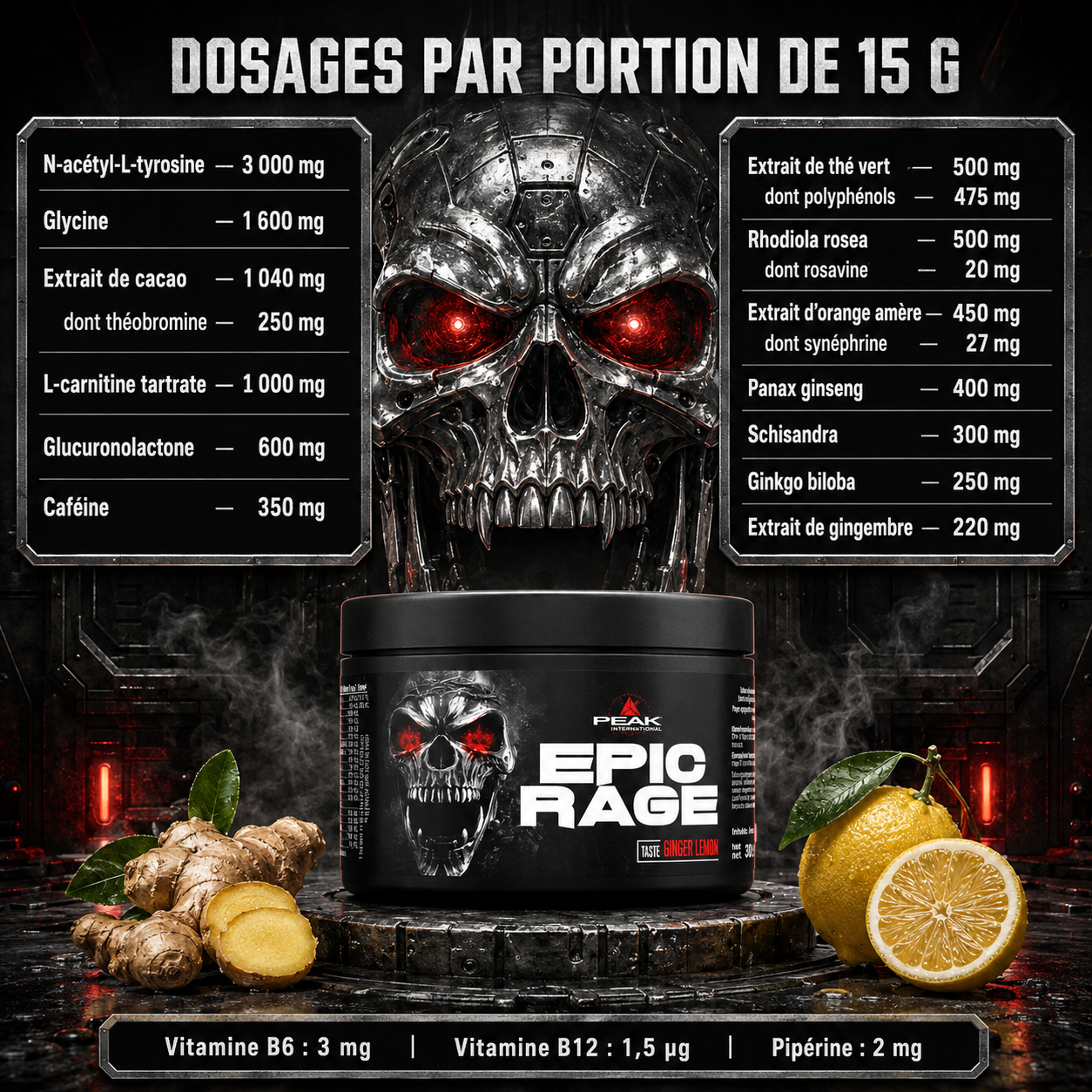 Ingrédients et dosages de Peak Epic Rage 300 g pour une portion de 15 g