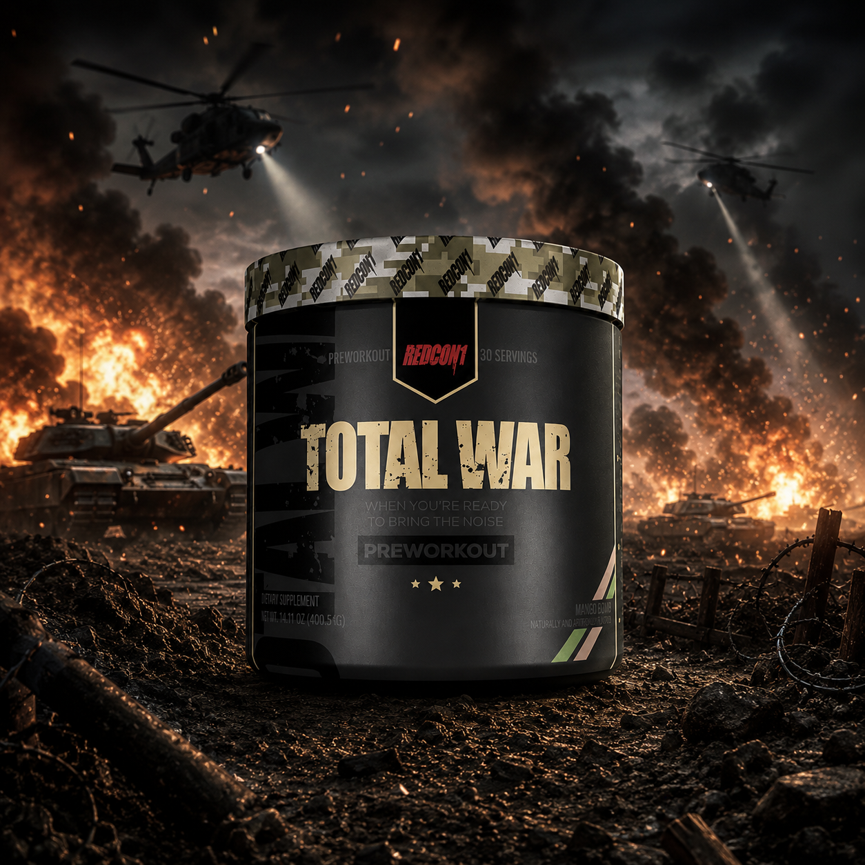 Redcon1 Total War pre-workout hardcore 30 portions dans un décor de combat